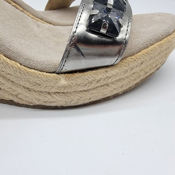 MICHAEL KORS Pewter/Silver Leather Wedge Platform Gemstone Sandals Size 9 - Picture 10 of 13